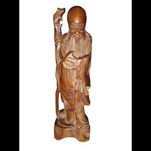 Shouxing Shou Lao Wooden Statue 12" Hand Carved VTG Chinese God of Longevity